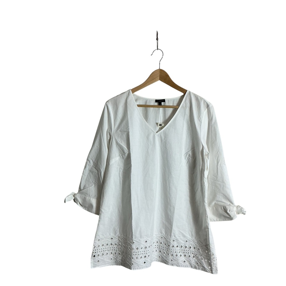Talbots Medium White Eyelet Trim Cotton Tunic Pullover Shirt‎ NEW